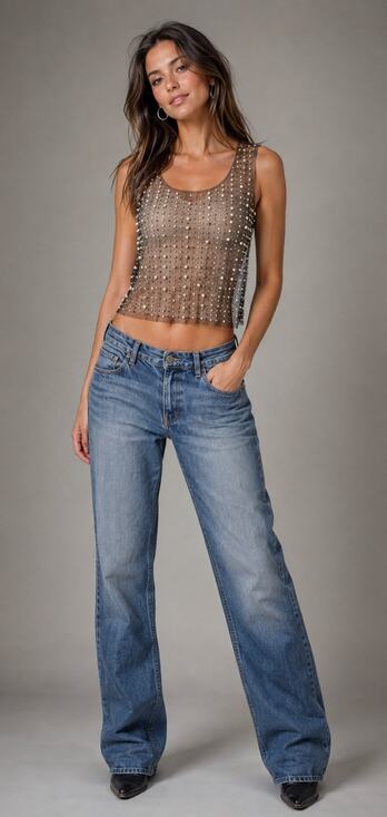 Love J Tops - Love J Black Sheer Mesh Pearl Rhinestone Crop Tank Top Y2K Party Size L